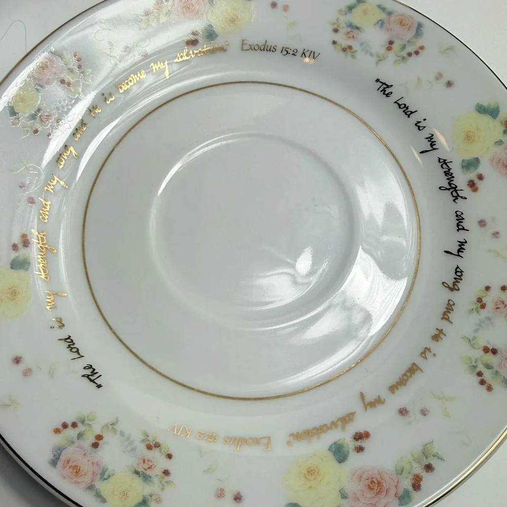 Vintage DaySpring Scripture Teacup Saucer Set Exodus KJV Christian Floral Gold
